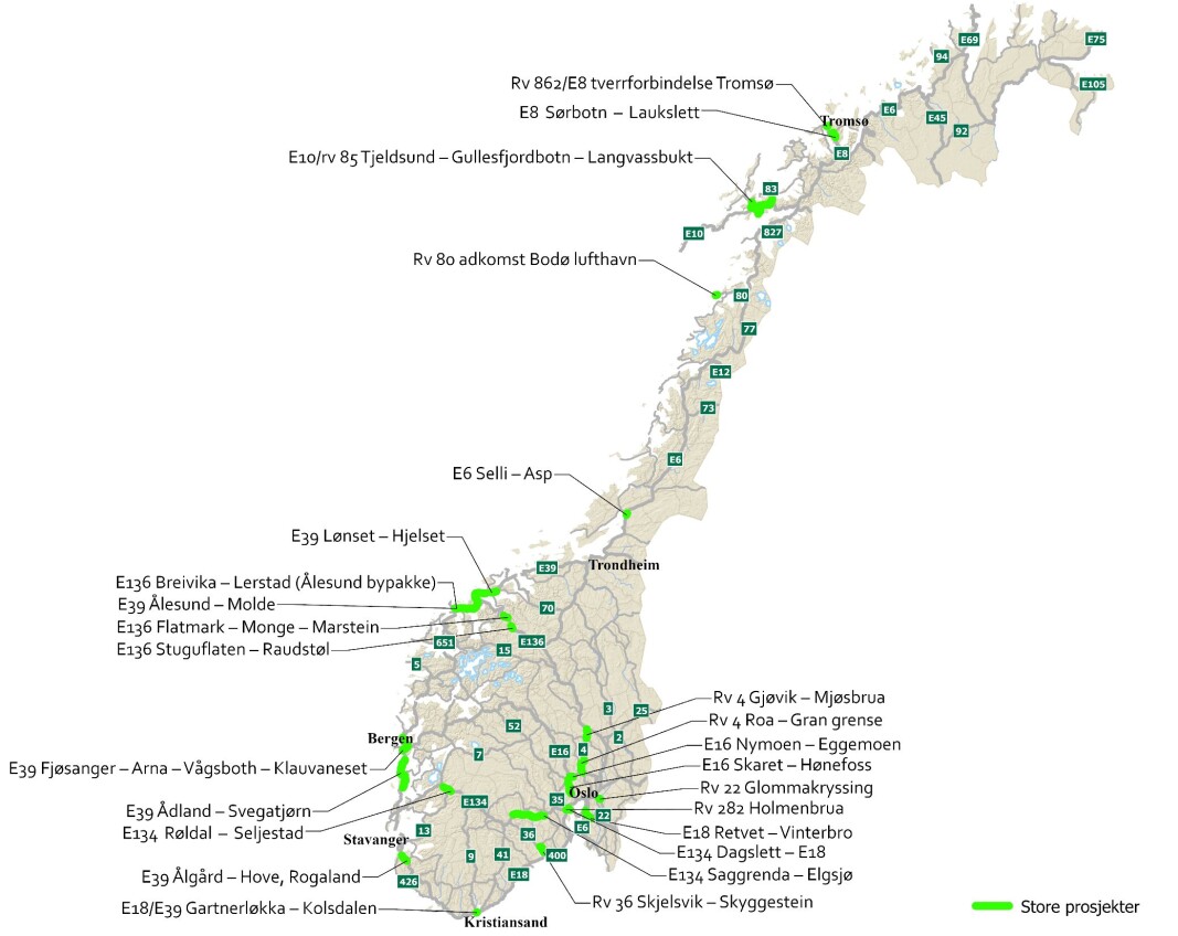 <b>JOBBLISTEN:</b> Her er strekningene Statens vegvesen vil prioritere i neste NTP, de store prosjektene er markert med lysegrønt. <b>JOBBLISTEN:</b> Her er strekningene Statens vegvesen vil prioritere i neste NTP, de store prosjektene er markert med lysegrønt.