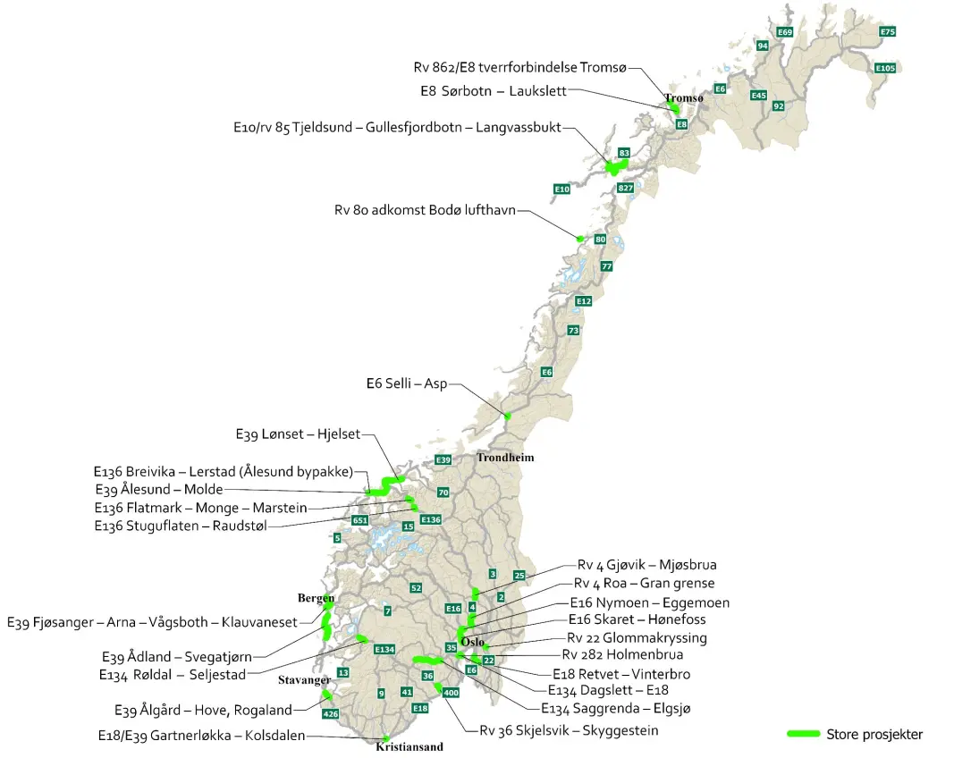 <b>JOBBLISTEN:</b> Her er strekningene Statens vegvesen vil prioritere i neste NTP, de store prosjektene er markert med lysegrønt. <b>JOBBLISTEN:</b> Her er strekningene Statens vegvesen vil prioritere i neste NTP, de store prosjektene er markert med lysegrønt.