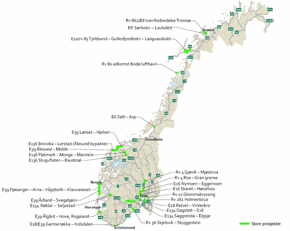 JOBBLISTEN: Her er strekningene Statens vegvesen vil prioritere i neste NTP, de store prosjektene er markert med lysegrønt.