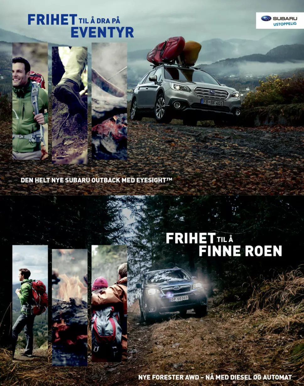 ANNONSESTIKK: Subaru har markedsført Forester i Norge i over 20 år med vekt på fritid, stubber, stein og hytteliv.