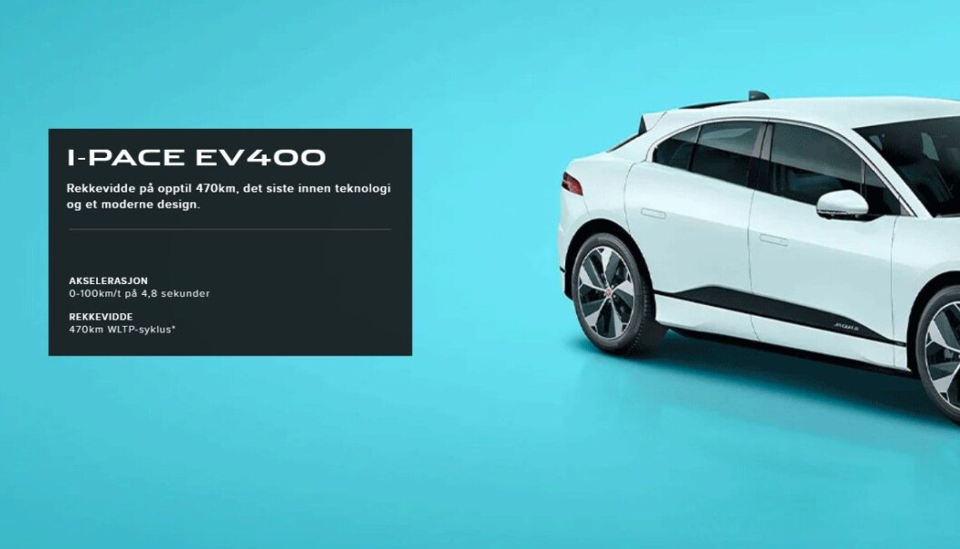 <span class=" font-weight-bold" data-lab-font_weight_desktop="font-weight-bold">IKKE 470: </span>Jaguar markedsfører tungt 470 kilometer rekkevidde for sin I-pace. Men det er for bykjøring i 20 plussgrader, uten klimaanlegget på. <span class=" font-weight-bold" data-lab-font_weight_desktop="font-weight-bold">IKKE 470: </span>Jaguar markedsfører tungt 470 kilometer rekkevidde for sin I-pace. Men det er for bykjøring i 20 plussgrader, uten klimaanlegget på.