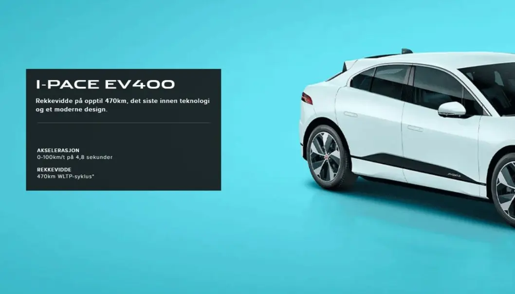 <span class=" font-weight-bold" data-lab-font_weight_desktop="font-weight-bold">IKKE 470: </span>Jaguar markedsfører tungt 470 kilometer rekkevidde for sin I-pace. Men det er for bykjøring i 20 plussgrader, uten klimaanlegget på. <span class=" font-weight-bold" data-lab-font_weight_desktop="font-weight-bold">IKKE 470: </span>Jaguar markedsfører tungt 470 kilometer rekkevidde for sin I-pace. Men det er for bykjøring i 20 plussgrader, uten klimaanlegget på.