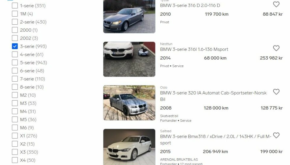 PÅ TOPP: I 2020 var det 12 millioner besøk på annonser for BMW 3-serie. Her er noen av de 1000 annonsene som akkurat nå ligger ute.