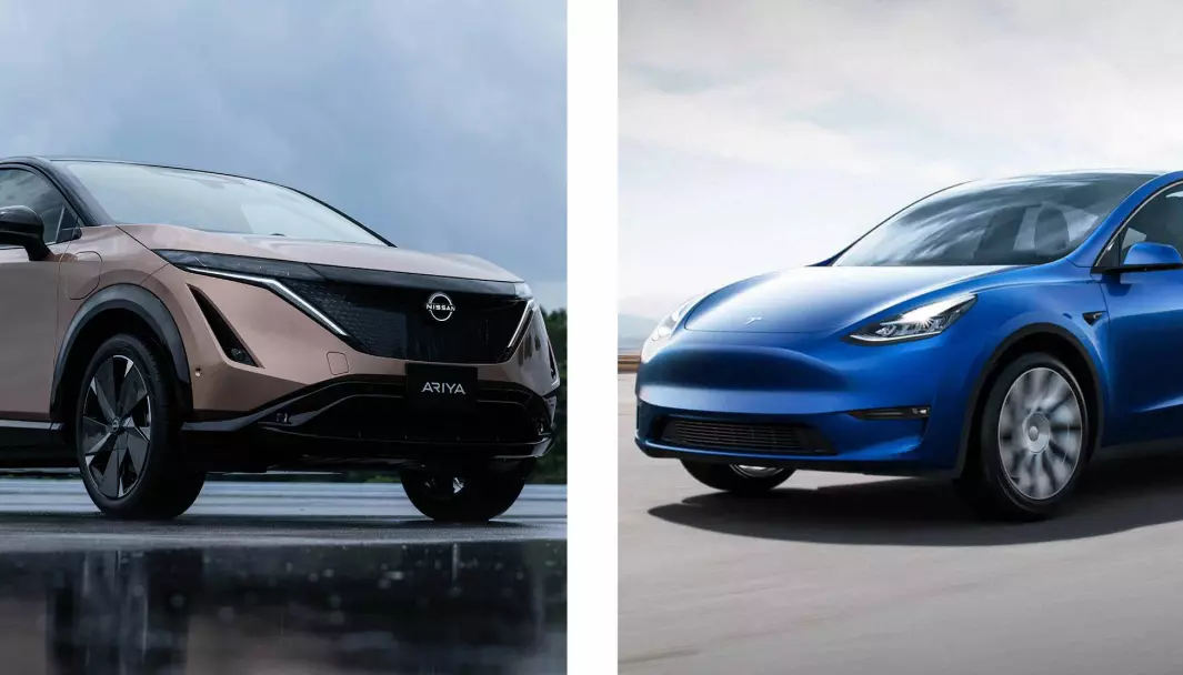 ÅRETS NYKOMMERE? Nissan Ariya (t.v.) og Tesla Model Y er to av bilene det knytter seg størst forventning til i 2021.