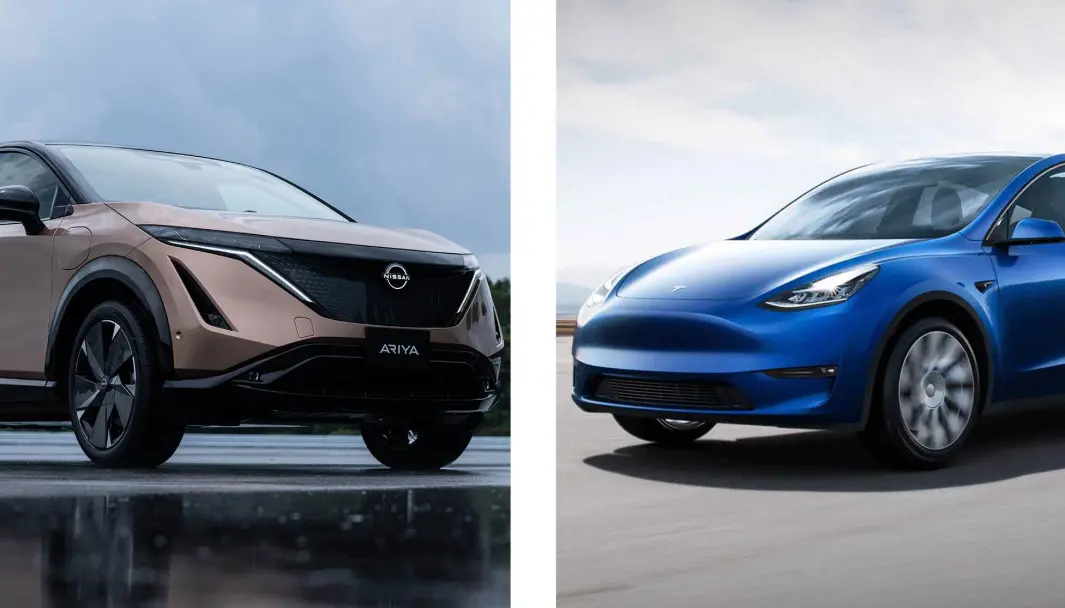 ÅRETS NYKOMMERE? Nissan Ariya (t.v.) og Tesla Model Y er to av bilene det knytter seg størst forventning til i 2021. ÅRETS NYKOMMERE? Nissan Ariya (t.v.) og Tesla Model Y er to av bilene det knytter seg størst forventning til i 2021.