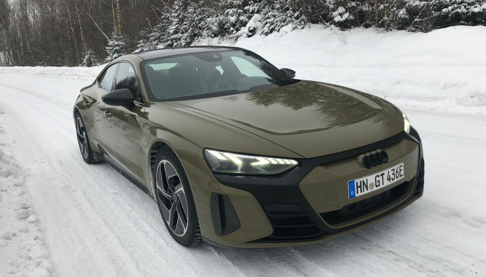 NORGESKLAR: Audi e-tron GT er i Norge. Dette er RS-versjonen med sine karakteristiske laserlys.