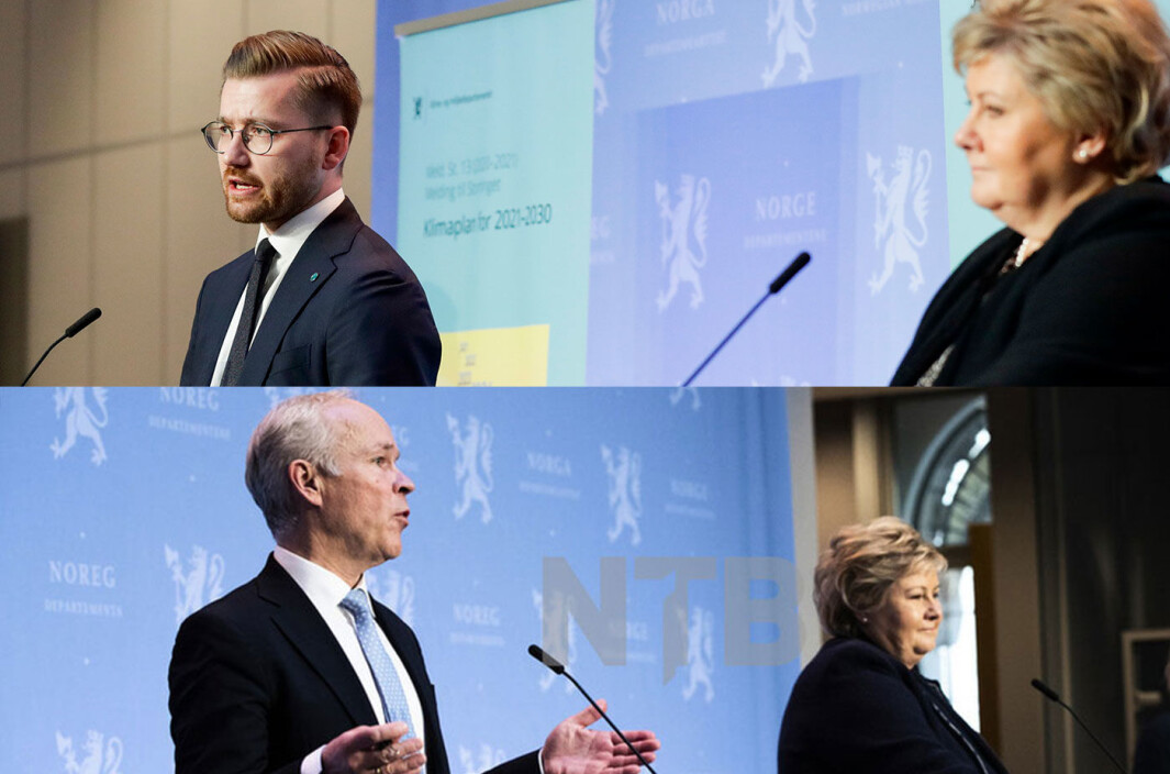 90 HER OG 100 DER: Klima- og miljøminister Sveinung Rotevatn og Erna Solberg øverst, finansminister Jan Tore Sanner med regjeringssjefen nederst. 90 HER OG 100 DER: Klima- og miljøminister Sveinung Rotevatn og Erna Solberg øverst, finansminister Jan Tore Sanner med regjeringssjefen nederst.