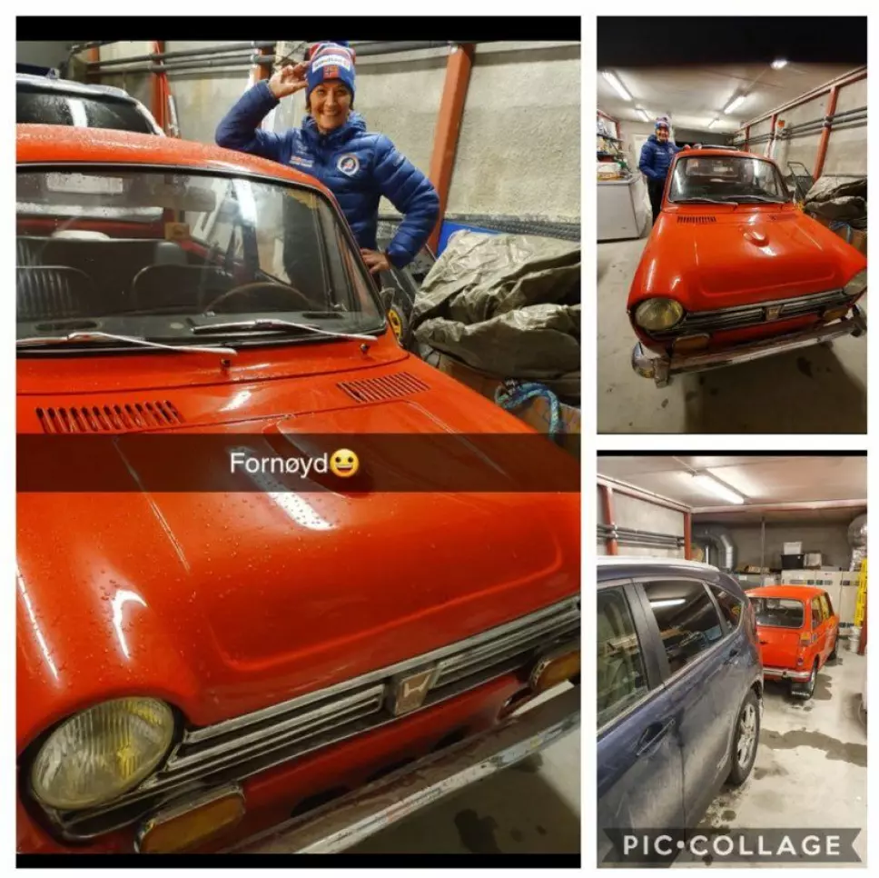 STORFORNØYD: Slik ser det ut på sosiale medier (her: snapchat) når Hilde Simonsen lirker ut sin Honda N600 fra vinterdvalen.