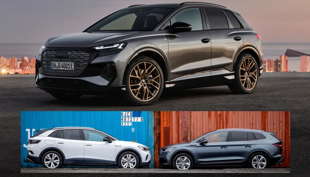 TRE BRØDRE SOM IKKE ER BRØDRE: Audi Q4 e-tron (over), VW ID.4 og Skoda Enyaq (nede til høyre). TRE BRØDRE SOM IKKE ER BRØDRE: Audi Q4 e-tron (over), VW ID.4 og Skoda Enyaq (nede til høyre).