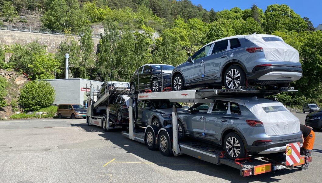 VELKOMMEN: De første Audi Q4-bilene i importørhavna på Bekkelaget i Oslo mandag. VELKOMMEN: De første Audi Q4-bilene i importørhavna på Bekkelaget i Oslo mandag.