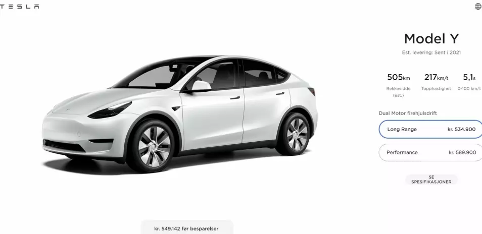 FØR 2022? Slik ser det ut på bestillingssiden for Tesla Model Y idet denne saken publiseres.