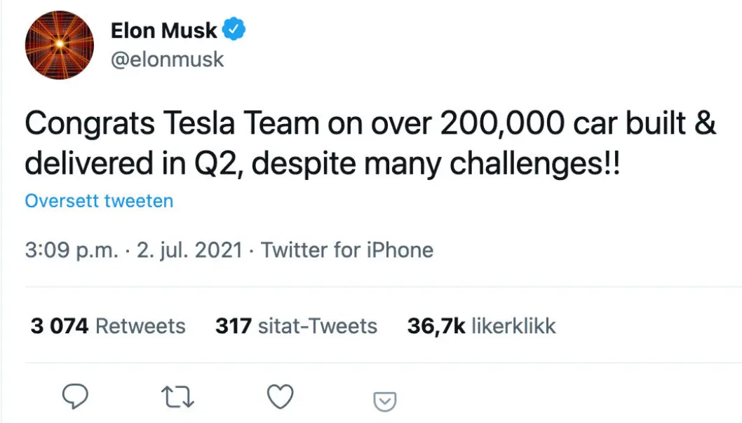 FORNØYD SJEF: Tesla-sjef Elon Musk sendte gratulasjoner til troppene da det fredag ble klart at selskapet passerte 200.000 leveringer i andre kvartal. FORNØYD SJEF: Tesla-sjef Elon Musk sendte gratulasjoner til troppene da det fredag ble klart at selskapet passerte 200.000 leveringer i andre kvartal.