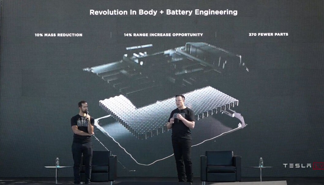BATTERI/KAROSSERI-REVOLUSJON: Under Teslas berømmelige «batteri-dag» i 2020, viste Elon Musk sine ideer rundt strukturelle batterier. BATTERI/KAROSSERI-REVOLUSJON: Under Teslas berømmelige «batteri-dag» i 2020, viste Elon Musk sine ideer rundt strukturelle batterier.