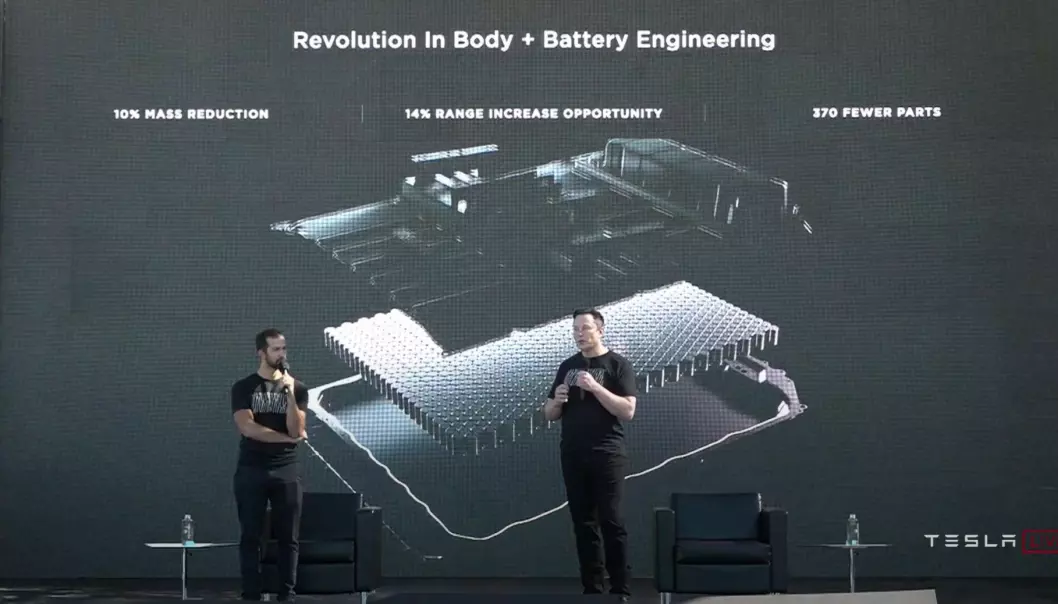 BATTERI/KAROSSERI-REVOLUSJON: Under Teslas berømmelige «batteri-dag» i 2020, viste Elon Musk sine ideer rundt strukturelle batterier.