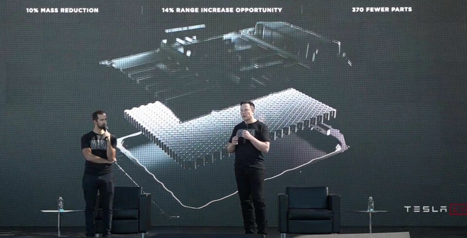 HOLDER KOKEN: Tesla-sjef Elon Musk redegjør for ny batteriteknologi under merkets Battery Day i fjor.