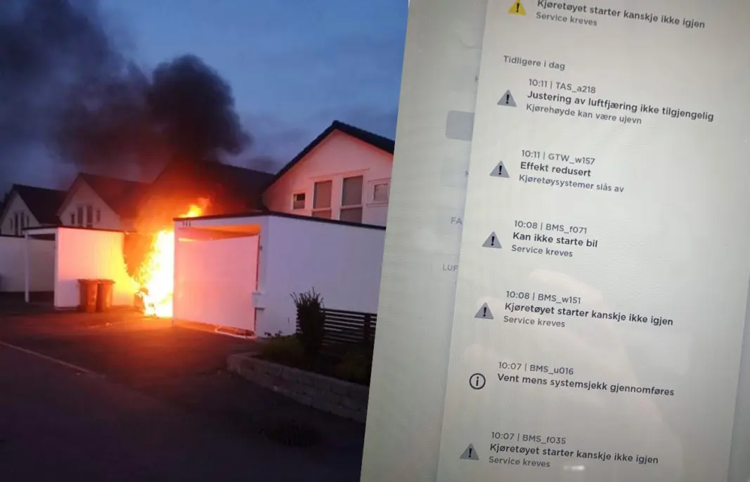 DRAMATIKK: En Tesla Model X tok plutselig fyr om natten på Vormedal nær Haugesund. Dagen før hadde disse feilmeldingene dukket opp. DRAMATIKK: En Tesla Model X tok plutselig fyr om natten på Vormedal nær Haugesund. Dagen før hadde disse feilmeldingene dukket opp.