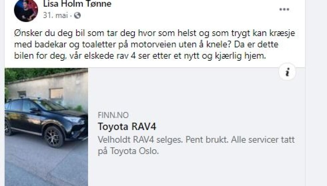 <span class=" font-weight-bold" data-lab-font_weight_desktop="font-weight-bold">ANNONSEN:</span> Lisa Tønne skrev dette om bilen sin på sin åpne Facebook-side. <span class=" font-weight-bold" data-lab-font_weight_desktop="font-weight-bold">ANNONSEN:</span> Lisa Tønne skrev dette om bilen sin på sin åpne Facebook-side.