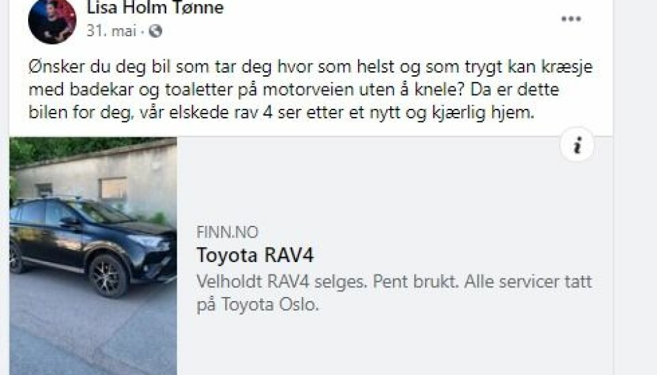 ANNONSEN: Lisa Tønne skrev dette om bilen sin på sin åpne Facebook-side.