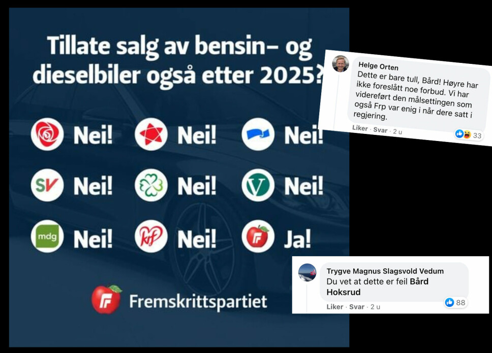 NEI! NEI JA!: Frps Facebook-post fikk klare svar (innfelt) fra både Helge Orten i Høyre og Trygve Slagsvold Vedum i Senterpartiet.