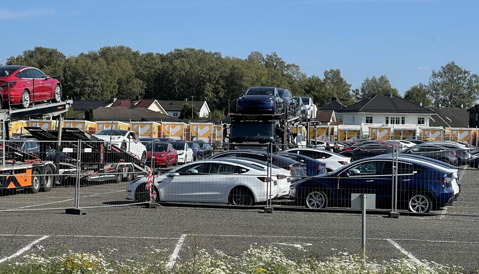 STRØMMER PÅ: Her står en rekke nye Teslaer og venter på å bli kjørt ut til kundene. De to bilene i forgrunnen, viser forskjellen på en Model 3 (hvit) og Model Y (blå).