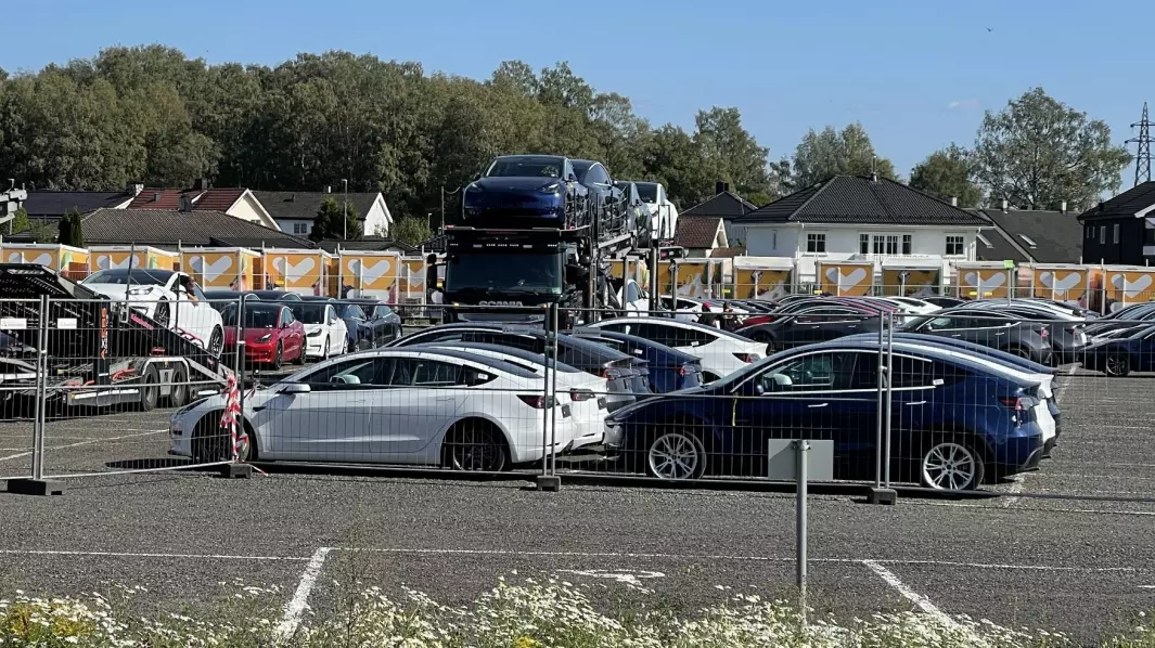 FOLKEVOGNENE: Dusinvis av Tesla Model Y og Model 3 klar for utlevering på en oppsamlingsplass i Lillestrøm tidligere i år.