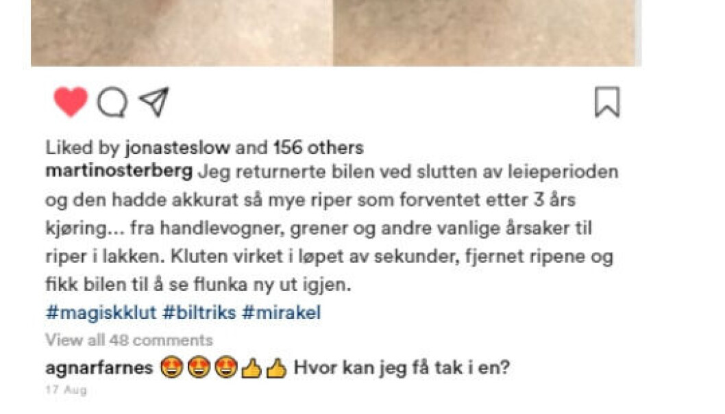 <span class=" font-weight-bold" data-lab-font_weight_desktop="font-weight-bold">SKRYT</span>: Denne påståtte profilen synes produktet gjør bilen flunka ny igjen. <span class=" font-weight-bold" data-lab-font_weight_desktop="font-weight-bold">SKRYT</span>: Denne påståtte profilen synes produktet gjør bilen flunka ny igjen.