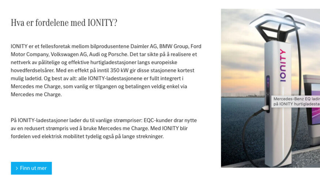 <span class="font-weight-bold" data-lab-font_weight_desktop="font-weight-bold">KLAR TALE: </span>Markedsføringen på hjemmesiden til Mercedes etterlater ingen tvil om at det er Ionity-rabatt til EQC-kunder. <span class="font-weight-bold" data-lab-font_weight_desktop="font-weight-bold">KLAR TALE: </span>Markedsføringen på hjemmesiden til Mercedes etterlater ingen tvil om at det er Ionity-rabatt til EQC-kunder.