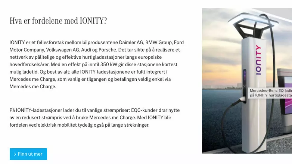KLAR TALE: Markedsføringen på hjemmesiden til Mercedes etterlater ingen tvil om at det er Ionity-rabatt til EQC-kunder.