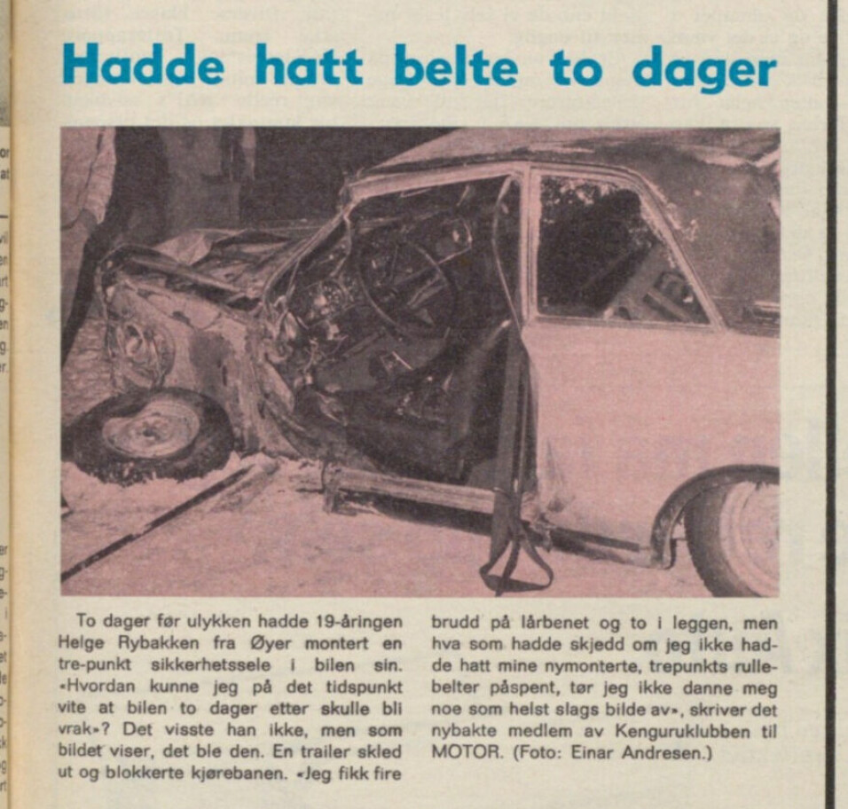 GOD TIMING: Motor-saken om Helge Rybakkens ulykke i 1975. [Søk i arkivet her – krever innlogging som NAF-medlem]