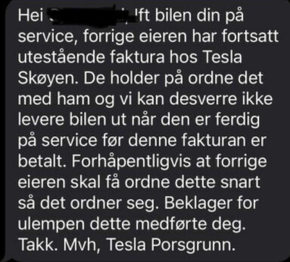 TEKSTMELDINGEN: Her er sms-en fra Tesla.