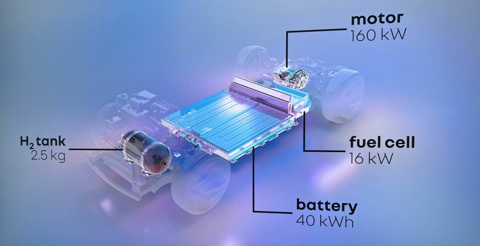 TEKNOLOGIEN: Slik ser plattformen til konseptbilen ut, med batteriet i bunn, hydrogentanken foran, og brenselcellen og motoren bak.