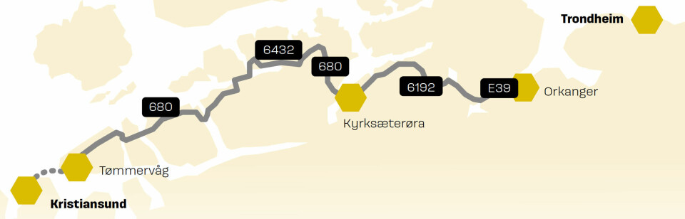 HER ER RUTA: Fra Orkdalsfjorden til Kristiansund.