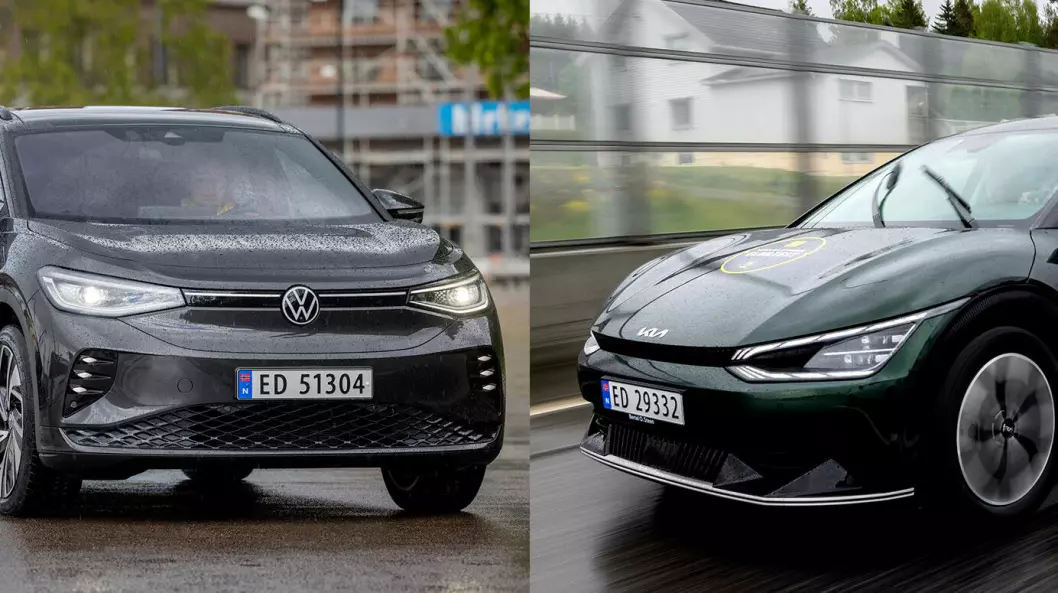 PRISGAP: Forskjellen begynner å bli stor mellom VW ID.4 (t.v.) og Kia EV6.