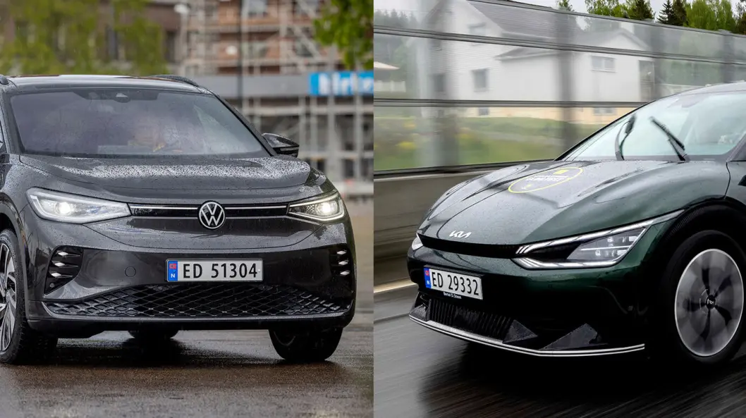 PRISGAP: Forskjellen begynner å bli stor mellom VW ID.4 (t.v.) og Kia EV6. PRISGAP: Forskjellen begynner å bli stor mellom VW ID.4 (t.v.) og Kia EV6.