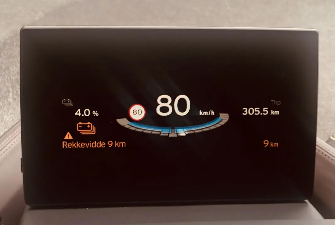 SNART SLUTT: En BMW i3 med 9 km restrekkevidde – etter en drøy 30 mil lang kjøretur. SNART SLUTT: En BMW i3 med 9 km restrekkevidde – etter en drøy 30 mil lang kjøretur.