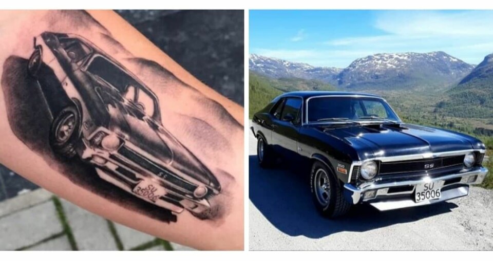 TRO KOPI: Merete Wedvik i Nordfjordeid har fått en nær nøyaktig tatovering som viser hennes favorittbil i svært detaljerte streker – inklusive registreringsskiltet.