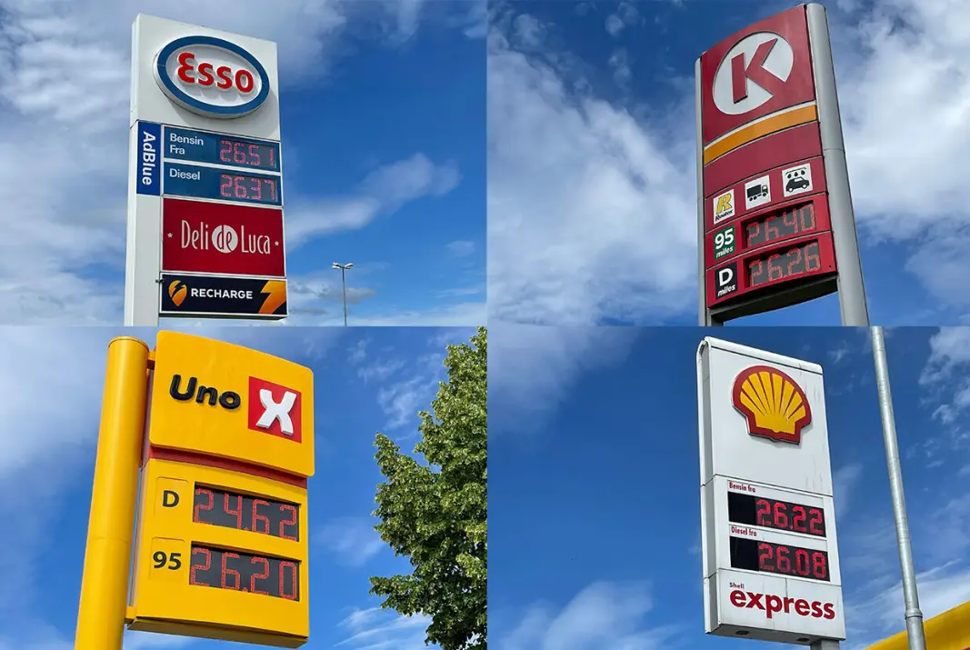 LOKALE FORHOLD: Prisene ved fire stasjoner – to betjente, to automat – innenfor en tidslomme på 15 minutter en formiddag denne uka i en norsk småby. LOKALE FORHOLD: Prisene ved fire stasjoner – to betjente, to automat – innenfor en tidslomme på 15 minutter en formiddag denne uka i en norsk småby.