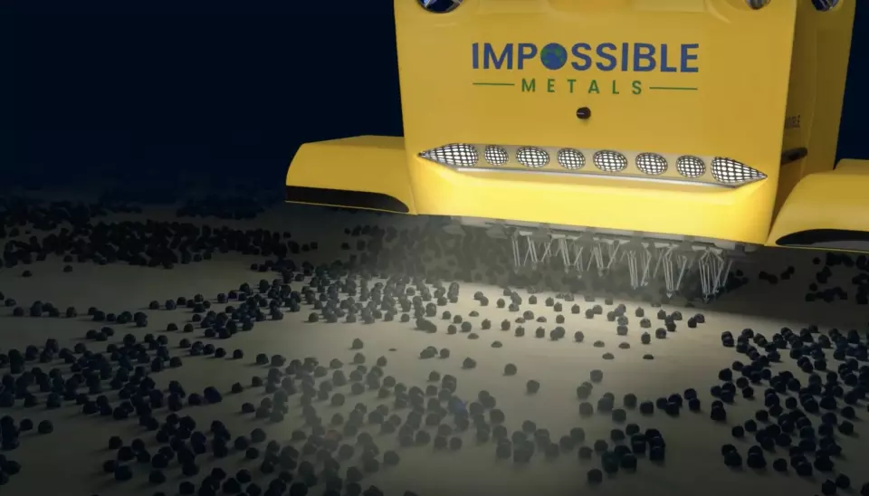 PLUKKEMASKIN: Slik ser selskapet Impossible Metals for seg at utvinning kan foregå – ved å «støvsuge» havbunnen. Se videoen nederst i saken.
