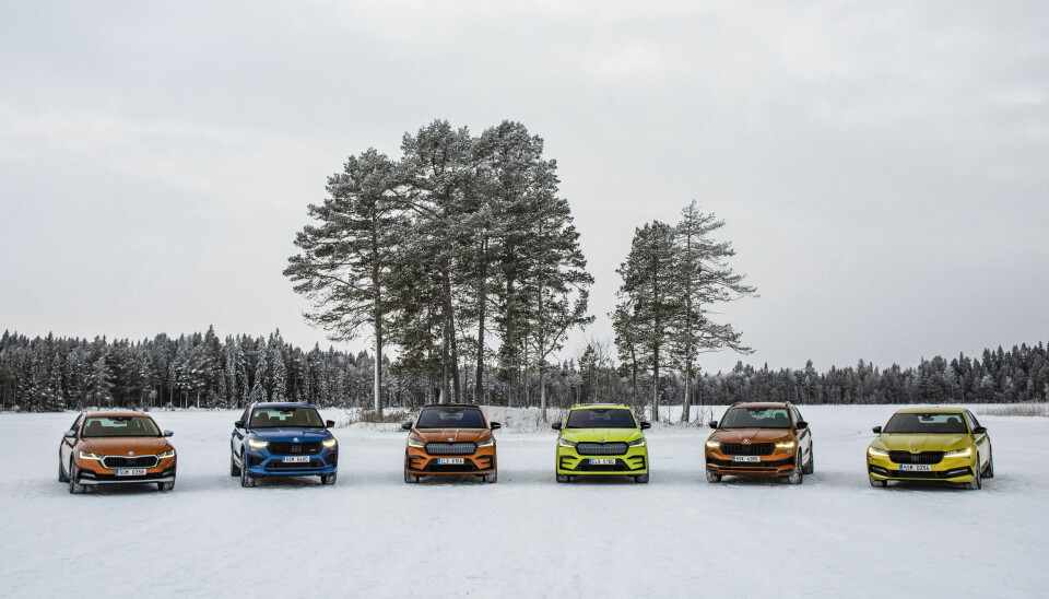 STORT UTVALG: Skoda stilte med hele modellrekka med firehjulsdrift i Östersund. Fra venstre: Octavia, Kodiaq, Enyaq RS Coupé, Enyaq RS, Karoq og Superb.