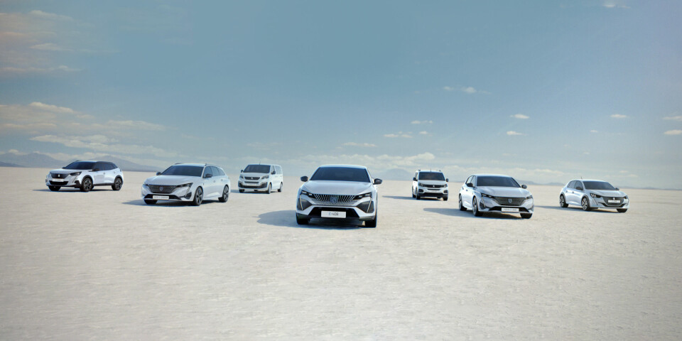 FRANSK REVOLUSJON: Peugeot ruller en flokk nye elbiler de neste årene. Personbilene i fremste rekke på bildet er fra venstre E-2008, E-308 SW, E-408, E-308 og E-208. Varebilene bak er E-Traveller (t.v.) og E-Rifter.
