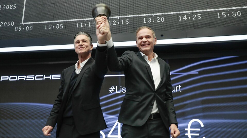 BJELLEKLANG: Porsche-sjef Oliver Blume (t.h.) og styrekollega Lutz Meschke under børsintroduksjonen i Frankfurt i fjor.