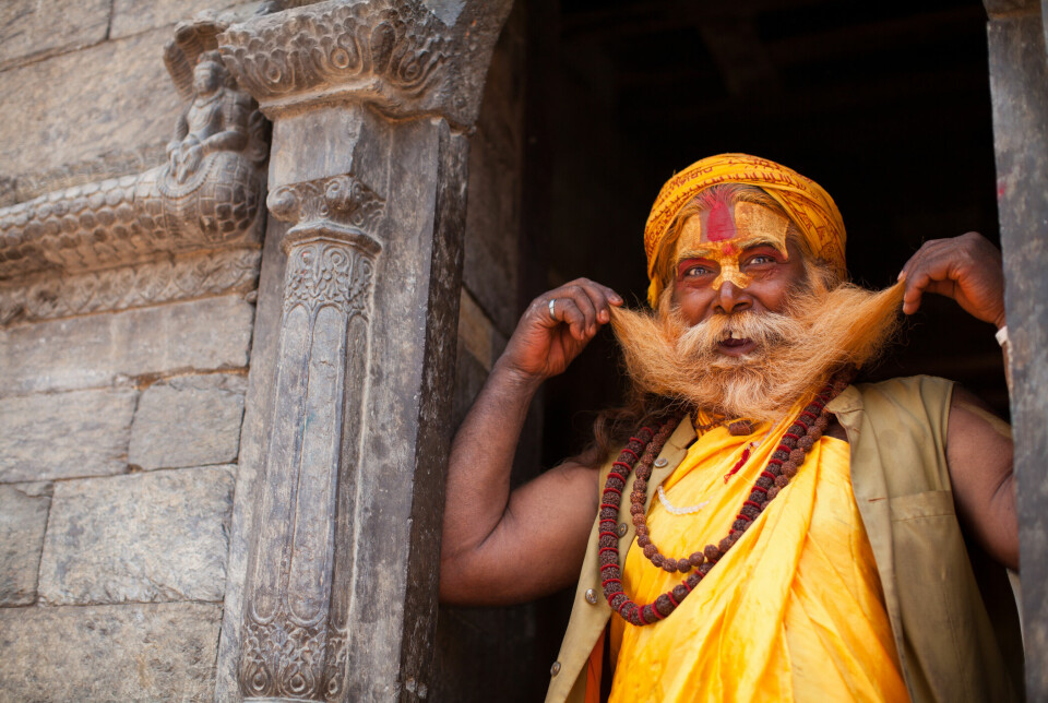 'Portrait of Holy Sadhu man with dreadlocks and traditional paint in Pashupatinath Temple, Kathamandu, Nepal. He playfully posing with broad smile while holding his beard with fingers'