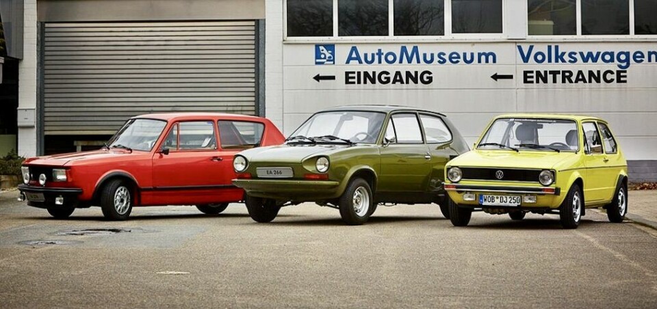 SKJULT FAMILIE: Hils på prototypen VW EA276 fra 1969, EA266 fra tidlige 1970-tallet – og EA337 som ble sluttresultatet Golf.