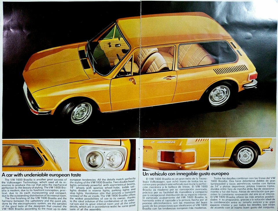 BROSJYRESKRYT: Tøffe VW 1600 Brasilia ble sluppet løs på publikum i Sør-Amerika omtrent samtidig med VW Golf i Europa, og ble skrudd sammen i åtte år. I 1982 erstattet nyheten Gol den gamle 1600 Brasilia.